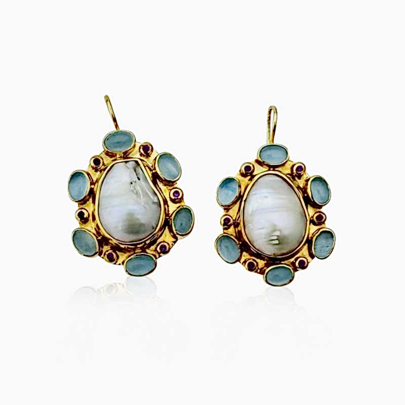 Aquamarine Stone Pearl Collection Earring