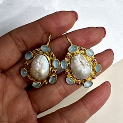 by Eda Çetin - Aquamarine Stone Pearl Collection Earring (1)