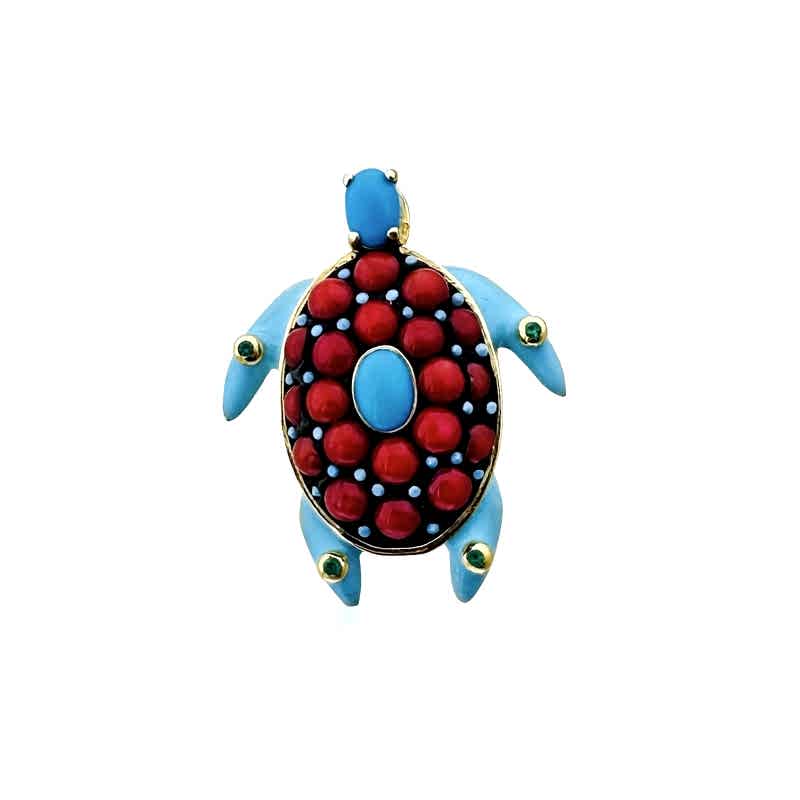 Coral Turtle Brooch