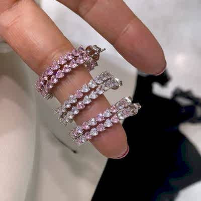 Pink-White Heart Hoop Earrings - Thumbnail